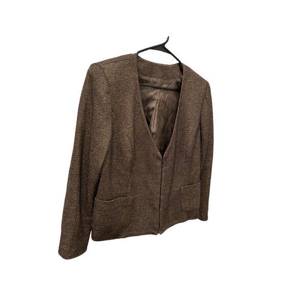 Brown Tweed Womens Blazer Jacket Lined Open Front Size M - Picture 3 of 6